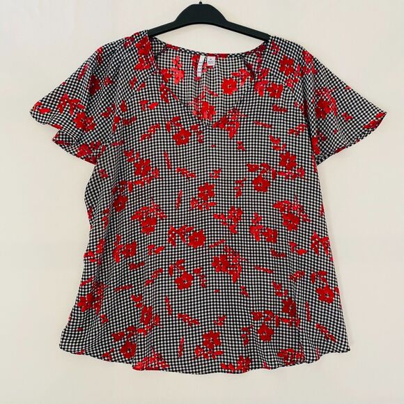 ELLE  Women's Top Floral Ghimgan V-Neck Flutter Sleeve Size XL - Picture 1 of 10